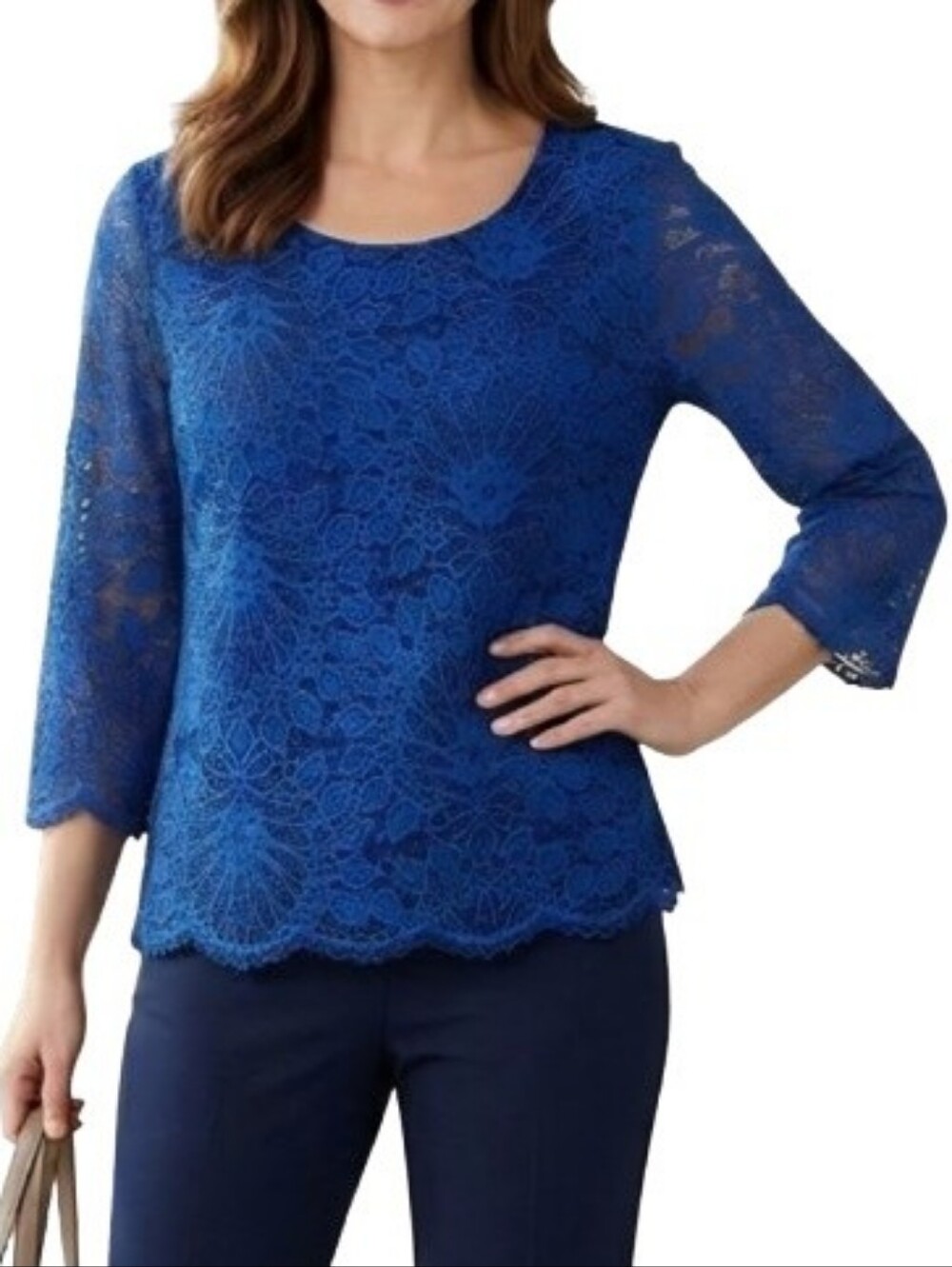 Chico's Blue Lace Print Blouse NWT 3/4 Sleeves Workwear Office Party